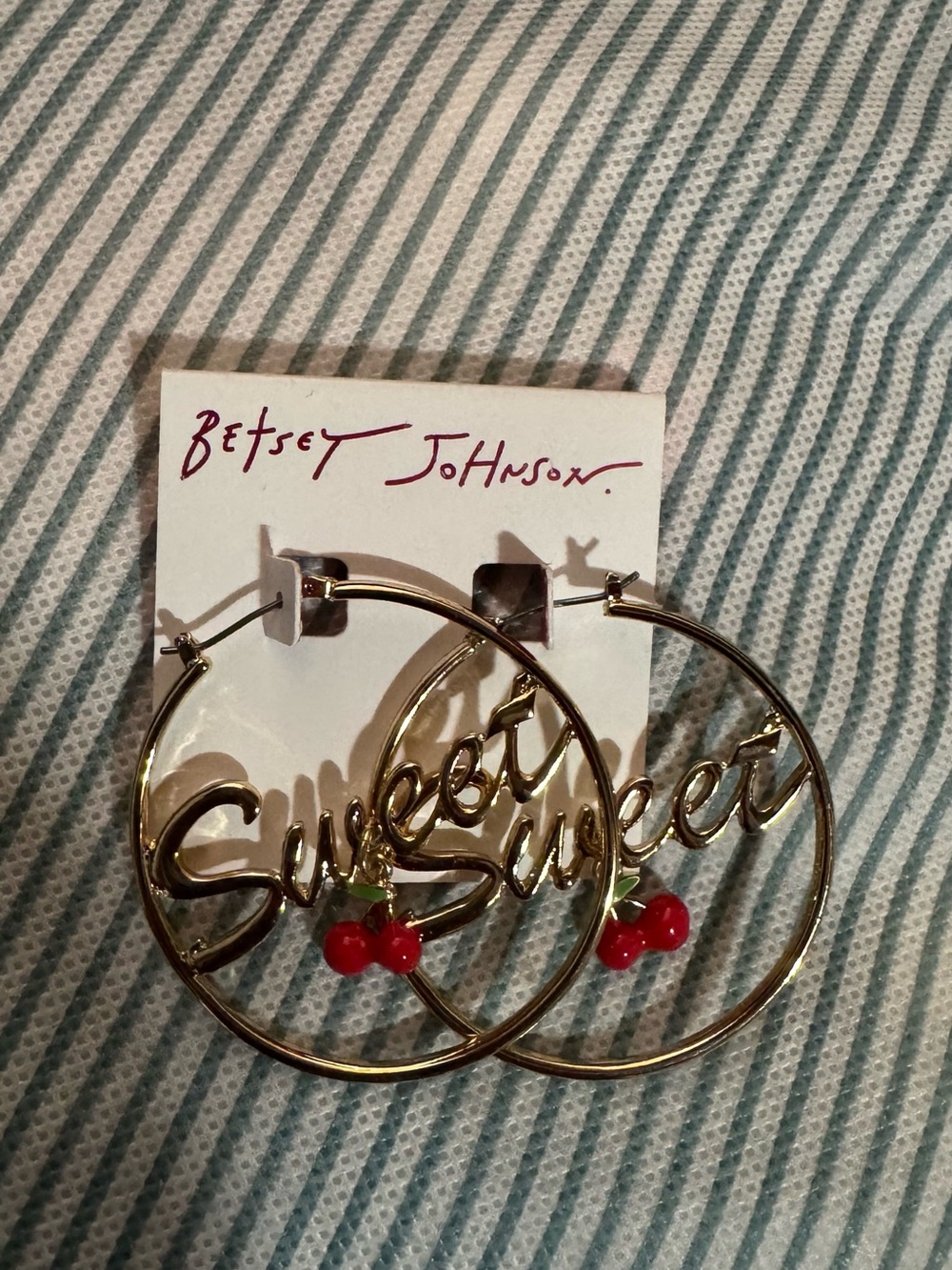 Betsey Johnson Gold Hoop Earrings with Red Cherry and 'Sweet' Script